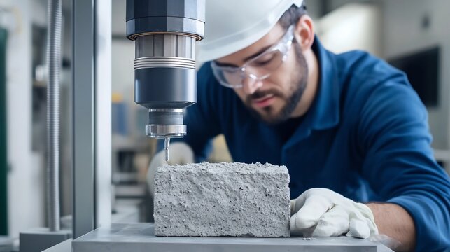 Engineer Performing Concrete Sample Compression Test in High Tech Lab Setting