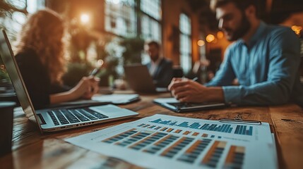 Modern business workspace with professionals collaborating on financial analysis and strategy