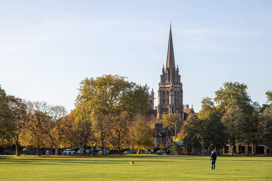 Cambridge, England. Parker's Piece and the tower of the Church of Our Lady of the Assumption and the English Martyrs