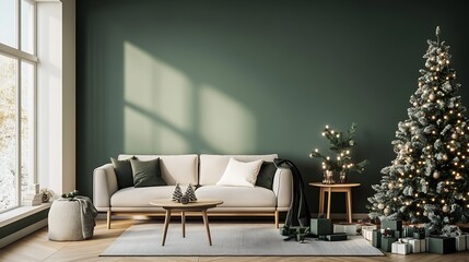Cozy Living Room with Elegant Christmas Tree and Festive Decor in Minimalist Setting : Generative AI