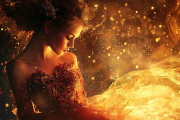 Naklejka premium Young woman in a shimmering golden dress surrounded by sparkling light, creating a magical and ethereal atmosphere.
