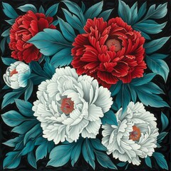 highly detailed gouache painting, White and red peonies with teal leaves, positioned in the middle with a lot of spacing around them, 