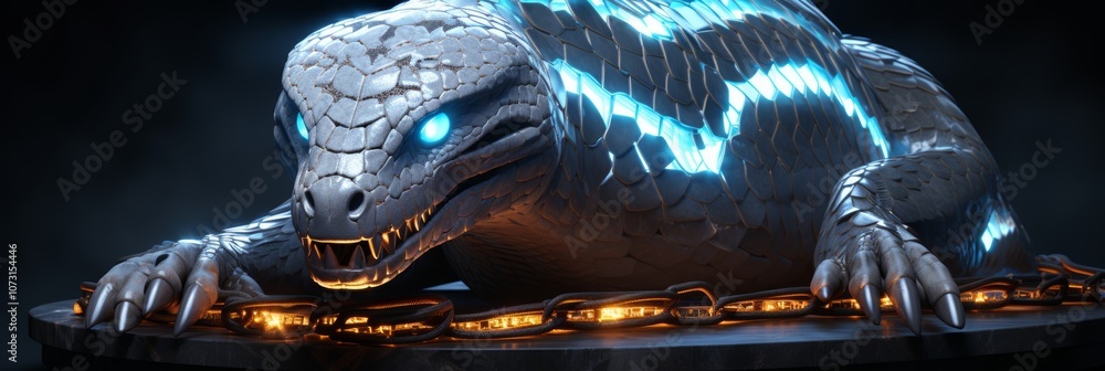 Poster futuristic cyber snake a digital serpent crafted from wires and circuits on a tech surface
