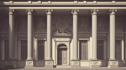 Fototapeta premium A close-up of a grand building with a classic design featuring a series of tall pillars and detailed ornamentation, creating a sense of history and grandeur.
