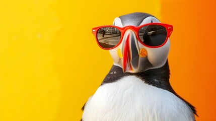 puffin wearing sunglasses on a yellow color background, vector art, digital art, faceted, minimal, abstract, panorama background. Generative AI.