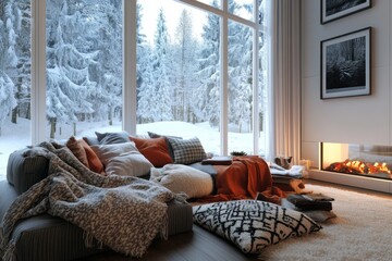 Cozy Living Room with a Snowy Forest View and a Fireplace