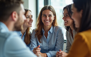 Diverse team engaged in lively discussion at modern office meeting