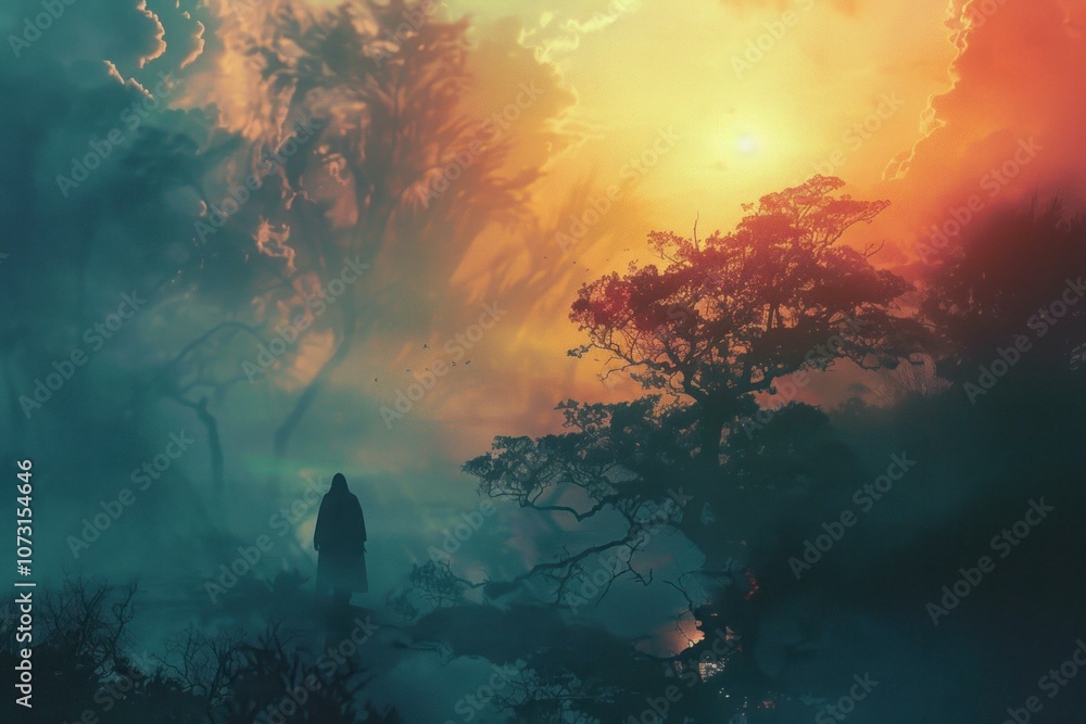 Poster mysterious person wearing a cloak is standing in a spooky forest with giant trees and orange and tea