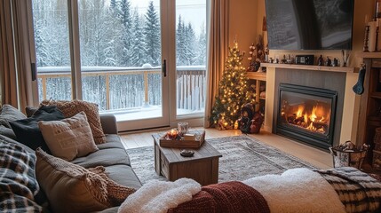 Fototapeta premium Cozy Living Room with Fireplace and Snowy View