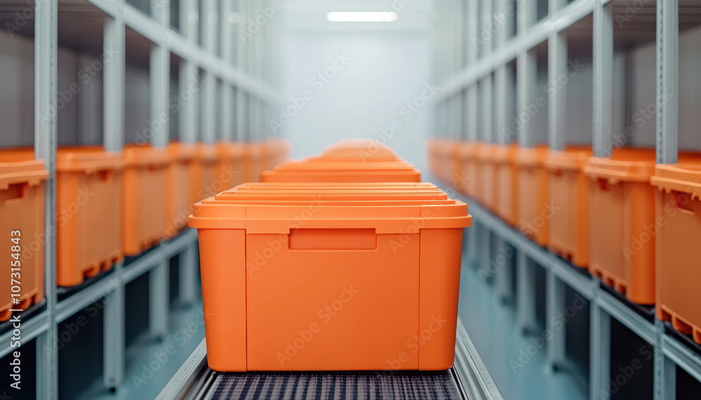 Poster a row of orange storage boxes lined on shelves in a clean, organized space, emphasizing simplicity a