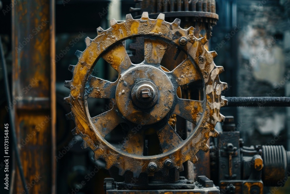 Poster close up of a large rusty gear in an abandoned factory setting