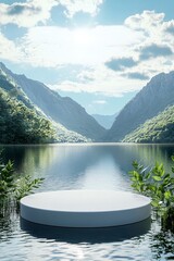 A white circular podium floats on the lake, with a blue sky and green mountains in the background. The water surface reflects the sunlight. .generative ai