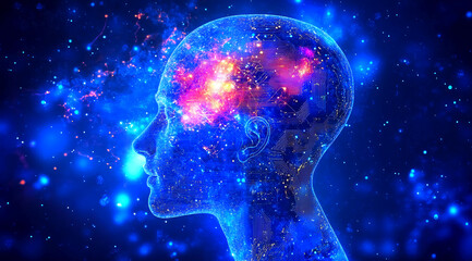 An illustration of a human head with a glowing brain, reminiscent of a galaxy, with a backdrop of blue and purple nebulae