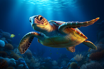 Fototapeta premium A vibrant sea turtle gracefully swims through a coral reef, showcasing the beauty of marine life in clear blue waters.