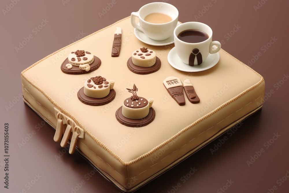 Poster minimalist office folder cake with notepad and pen graphics in neutral color palette