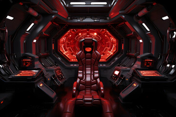 Futuristic spaceship interior featuring a striking red design, complete with a central command chair and advanced technology.