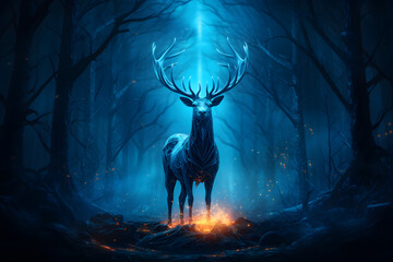 Mysterious stag illuminated by ethereal light in a dark forest, creating a magical and enchanting atmosphere.
