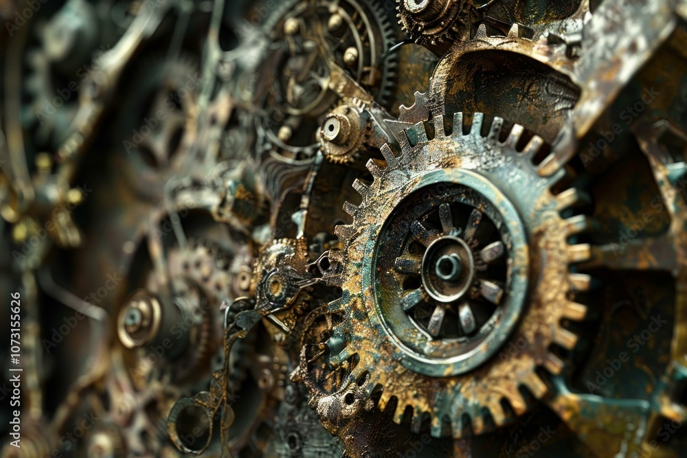 Poster close up view of interlocking gears forming an intricate mechanism, showcasing the complexity of clo