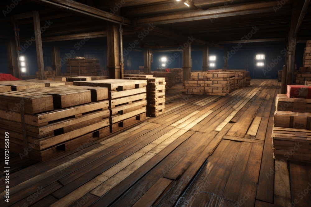 Poster exploring textures and shadows creating an atmosphere of loading with pallets and boxes