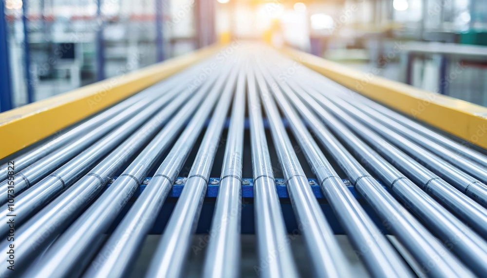 Poster a focused view of metallic conveyor rods extending into a bright factory setting, highlighting indus