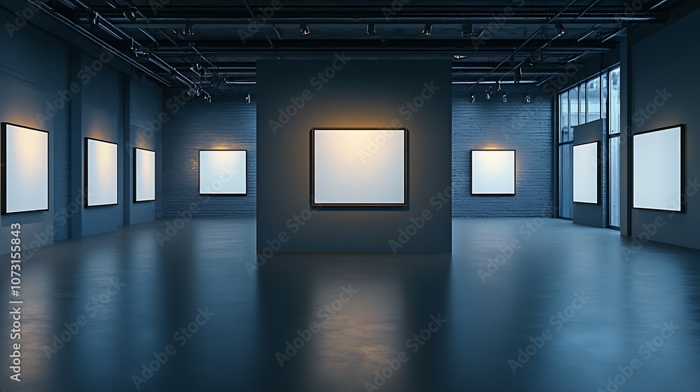 Poster Modern Art Gallery with Illuminated Blank Canvases Displayed in Elegant Setting : Generative AI