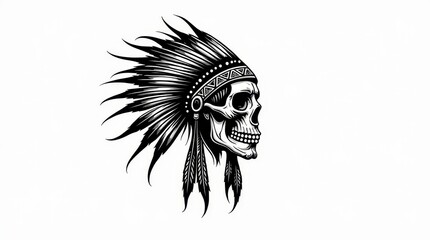 Native American Warrior Skull with Feathered Headdress and Beaded Bandana