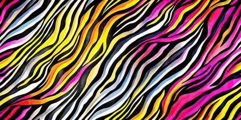 Abstract neon zebra stripes pattern in pink, yellow, black, and white colors from high angle