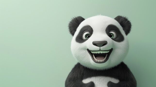 Cute cartoon panda bear with a big smile and green eyes.