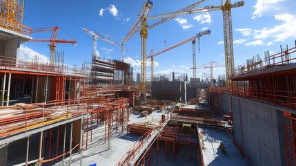A construction site with multiple cranes and scaffolding in a cityscape with blue sky.
