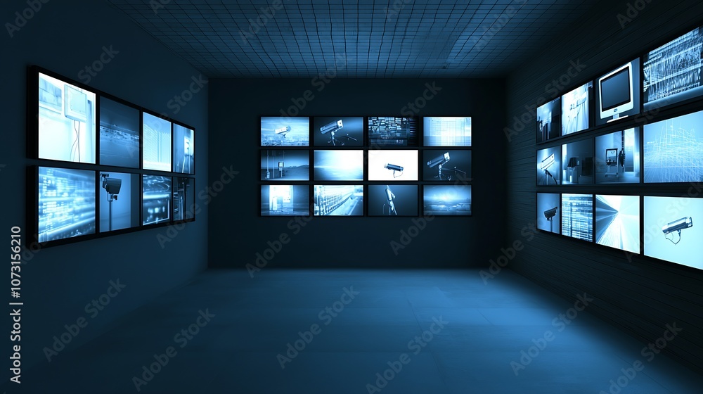 Poster High-Tech Surveillance Room with Multiple Monitors Displaying Security Footage : Generative AI