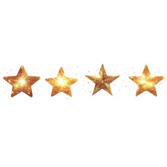Obraz premium Four glittering golden stars sparkle against a white background, symbolizing excellence and achievement.
