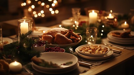 Naklejka premium Elegant holiday dinner table setting with festive decor candles pine branches and roasted turkey : Generative AI