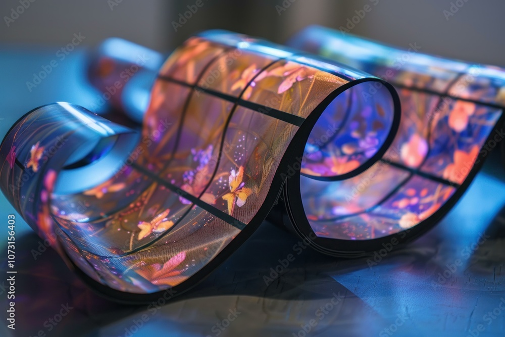 Poster flexible oled display showing a flower pattern bending on a table