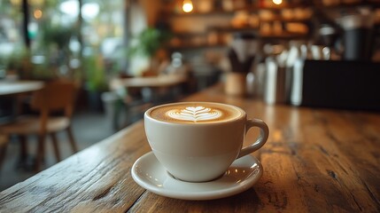 Fototapeta premium Cozy Café Ambiance with Latte Art in a Warm Coffee Shop Setting : Generative AI