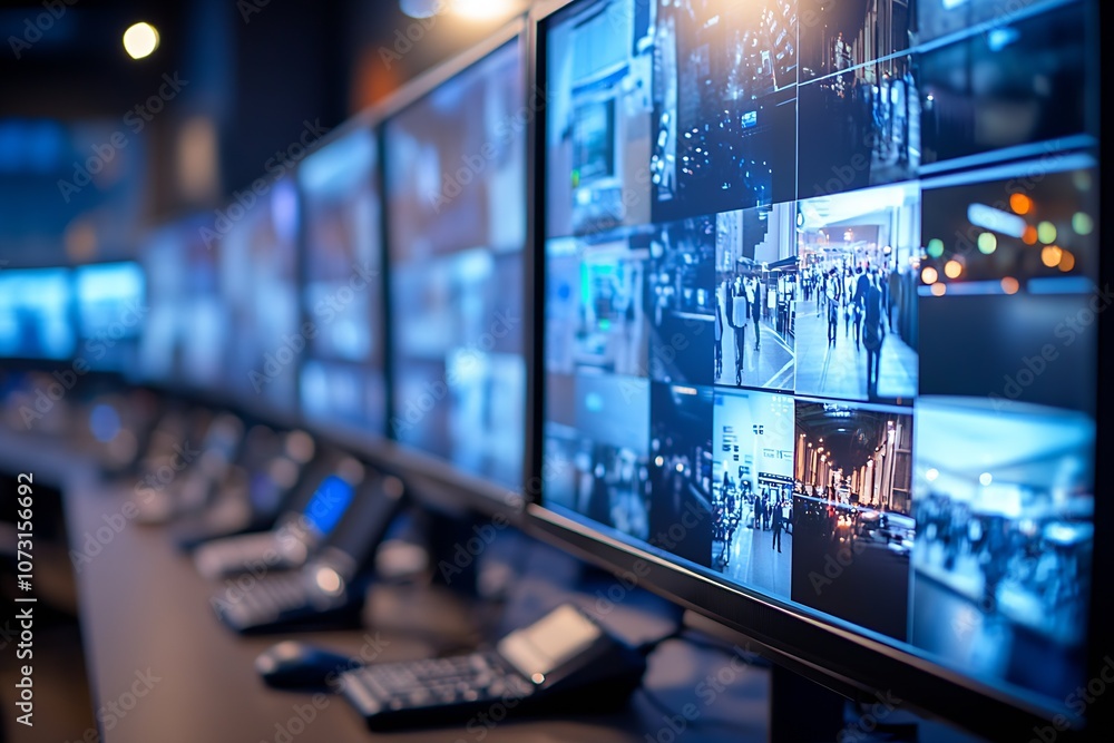 Aufkleber digital security surveillance room with multiple monitors showing urban footage : generative ai