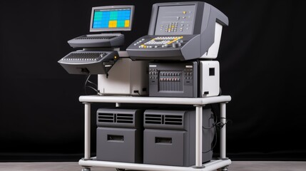 Ultrasound machine with screen: Create a scene where the ultrasound machine screen displays an image of the knee joint, a palette of no more than three colors.