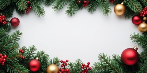 Christmas decoration background with Christmas tree branches and balls