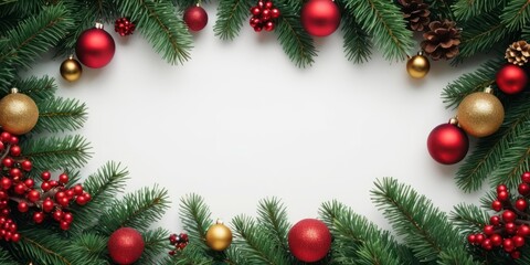 Christmas decoration background with Christmas tree branches and balls
