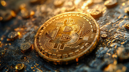 Close-up of a golden Bitcoin symbolizing cryptocurrency and digital finance