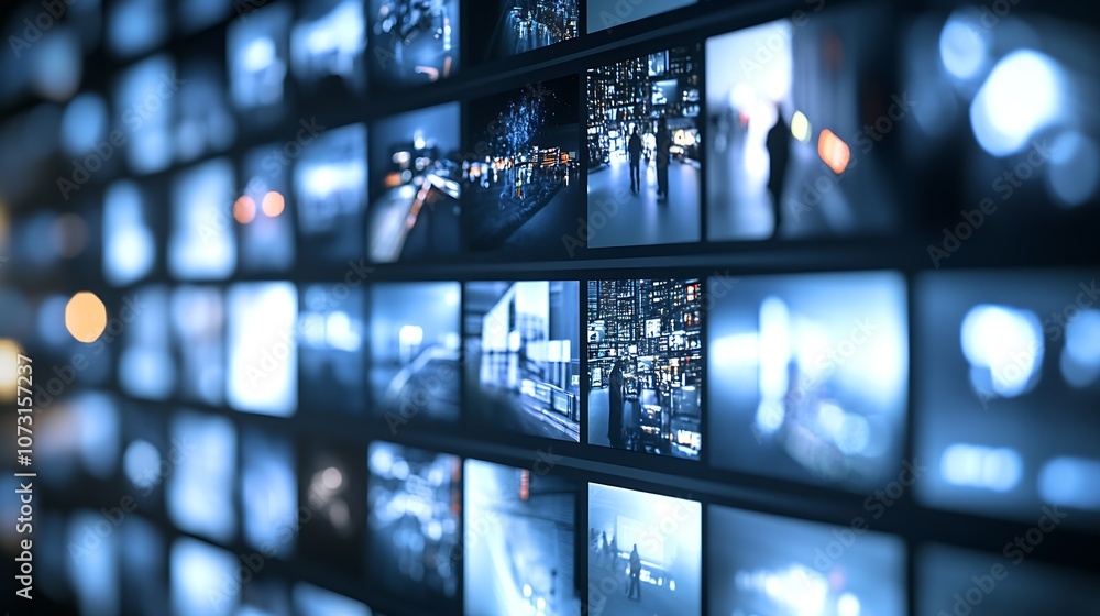 Poster Abstract Digital Media Wall with Multiple Screens Displaying Blurred City Imagery : Generative AI