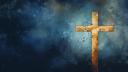 golden cross on a dark blue textured background with vibrant splashes