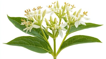 White wildflowers in bloom with vibrant green leaves revealed in close-up nature shot