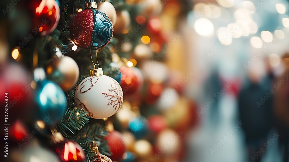 Poster close-up of sparkling christmas tree ornaments with bokeh holiday lights : generative ai