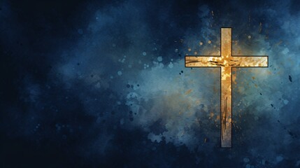 Fototapeta premium golden cross on a dark blue textured background with vibrant splashes