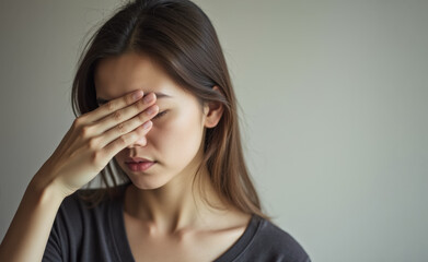 Fototapeta premium Stressed woman covering eyes in contemplative pose against neutral background
