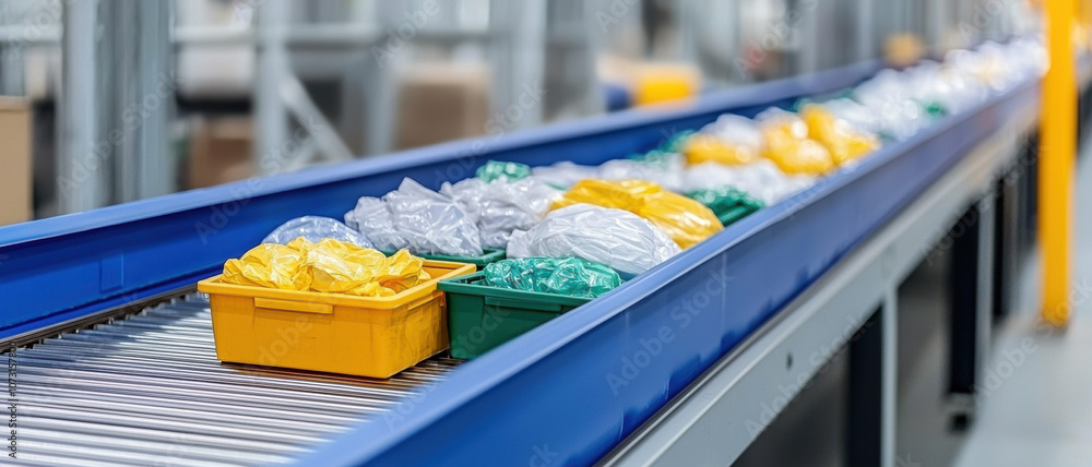 Poster a conveyor belt transports colorful plastic containers filled with assorted items in a warehouse set