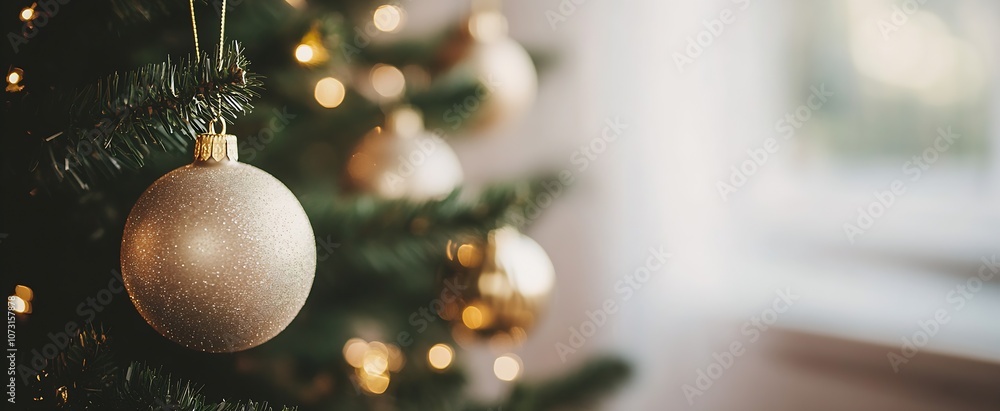 Aufkleber close-up of christmas tree with sparkling ornaments and soft bokeh lighting : generative ai
