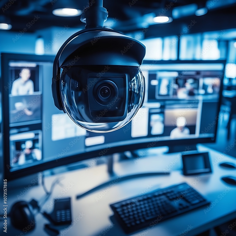 Poster High-tech security camera monitors office environment with multiple screens displaying surveillance footage : Generative AI