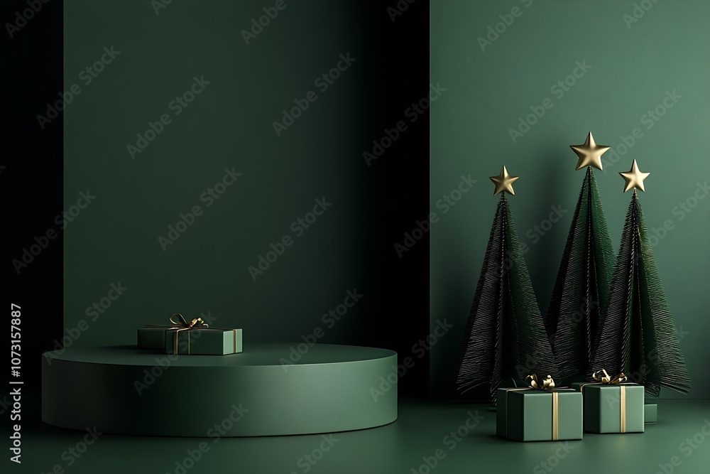 Poster minimalist christmas decor with green background featuring trees and gift boxes : generative ai