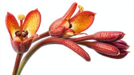 Vibrant red kangaroo paw flowers with dewy texture on white background